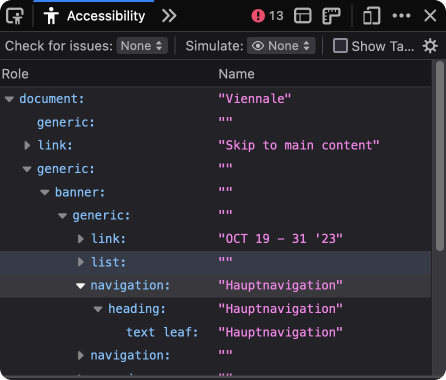 The Accessibility Tree of Finale two columns, one labelled "Role", the other labelled "Name" for every element of the current page