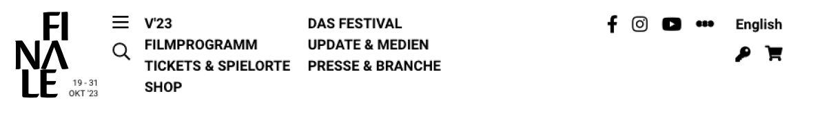 The visual header consists of a word mark, 2 icons on the left side represented by three horizontal lines and a magnifying glass, a navigation area in the middle with various labelled elements, and 6 icons on the right side, represented by social media platforms, a key and a shopping cart.