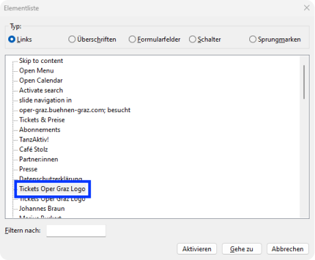 NVDA's screen reader menu shows all links. Among them are the two links for the ticket buttons labelled Tickets Oper Graz Logo"