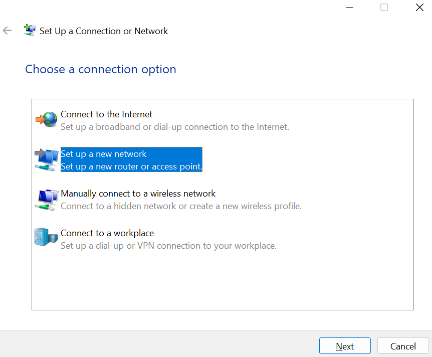 "A legacy dialog in Windows Aero style, allowing to set up a connection. It offers to connect to the internet, set up a network, manually connect to a wireless network or connect to a workplace using VPN."